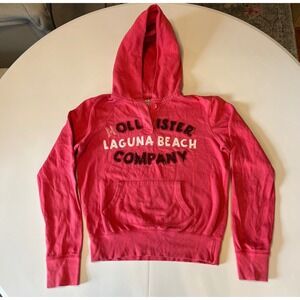 Y2K Hollister Spell Out Embroidered Logo Hoodie Pink 2000s Pullover Womens XS